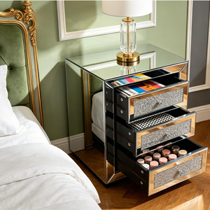 3-Drawer <b>Mirrored</b> Nightstand Bedside <b>Table</b> Glass Accent End <b>Table</b> Silver - Product Image 3