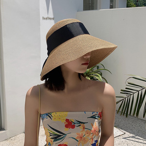 <span class=keywords><strong>Sombrero</strong></span> de paja con lazo para mujer y niña, gorro de paja con lazo de ala ancha para playa y sol, gorra de Panamá plegable - Product Image 1