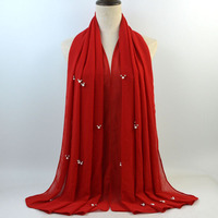 Offre Spéciale Perles 72*180 cm 9 couleur Stock Femmes Musulmanes En Mousseline De Soie Perlée Hijab Cicatrice
