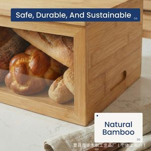 Thai Hua Bamboo Bread Box With Cutting Board Lid Transparent Window For Bread <b>Storage</b> <b>Kitchen</b> Desktop Use - Product Image 3