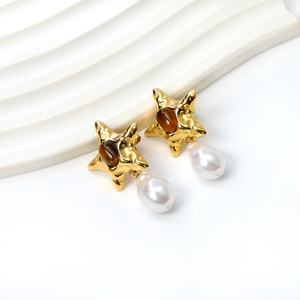 Nuevos Pendientes de Aro de Acero Inoxidable con Estrella y Perla en Forma de Gota, Chapados en Oro PVD de 18k, Resistentes al Agua, con Piedra, para Mujer - Product Image 1