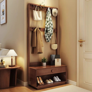 Porte-manteau en bois massif de style japonais 80x35x180cm, rangement polyvalent pour entrée avec miroir et banc à chaussures - Product Image 2