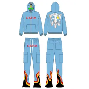 Custom High Quality Men Slim fit Stacked Tracksuit Skull Hoodie Layered Two-Piece Set Winter Stacked Pants Sets Tracksuits For M