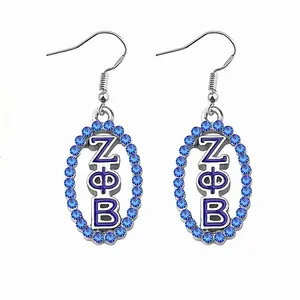 低价批发Soror Zeta Phi Beta灵感珠宝优质蓝色水钻镶嵌希腊ZPB字母吊坠耳环