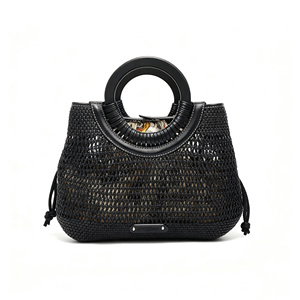 Stylish Vacation <b>Ladies</b> Black Mesh Woven Tote <b>Bag</b> Round Leather Handle Drawstring <b>Side</b> Beach Travel Handbag - Product Image 3