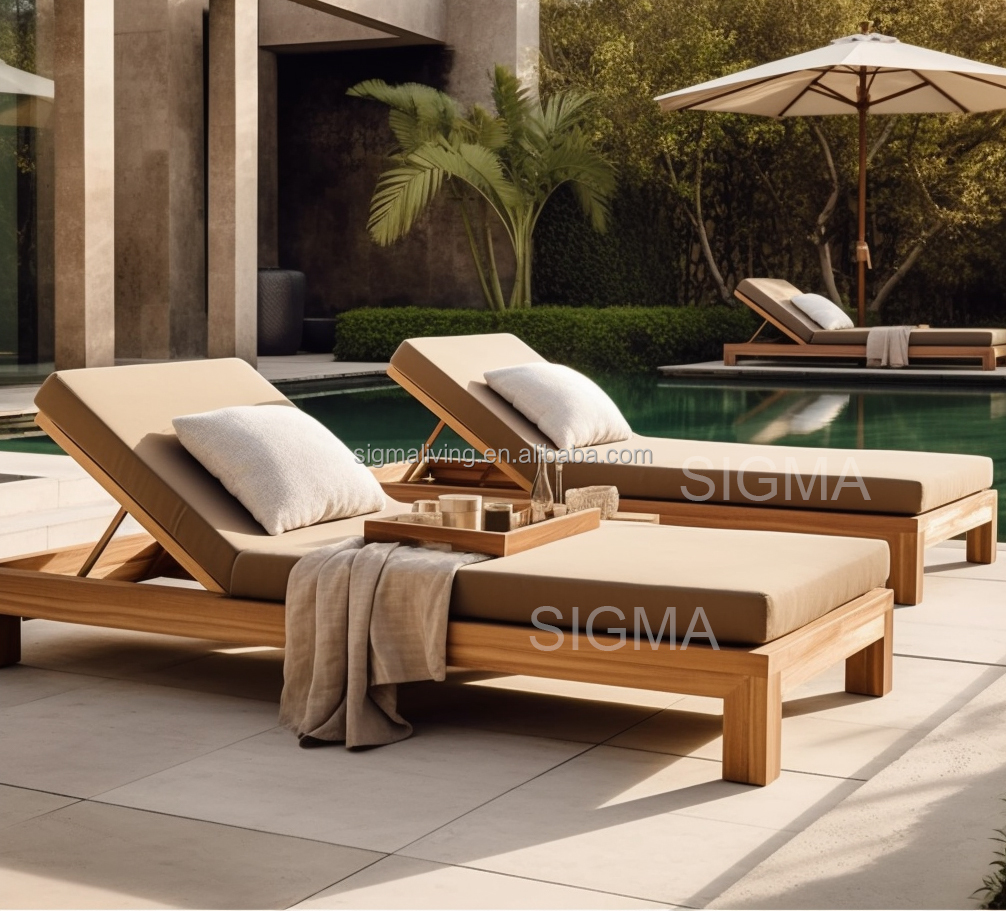 Factory Custom Garden Set Fabric All Weather Chaise Waterproof Outdoor Teak Wooden Sun Lounger Sunbed