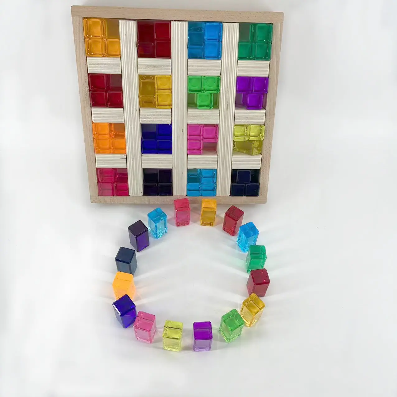 Factory hot sale wood trays acrylic Building Blocks Set 16 kinds of rainbow colors acrylic cube educational toys
