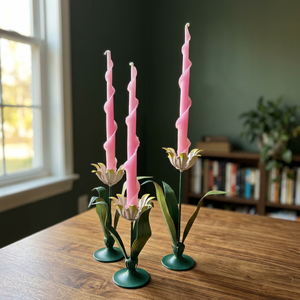 Floral Candlestick Holder Set with <b>Pink</b> Taper <b>Candles</b> Green Base Home Decoration Brass Material Durable Design - Product Image 5