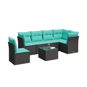 Set di divani da giardino moderni in polyrattan nero da 7 pezzi con cuscini, mobili da esterno, posti a sedere in stile contemporaneo per 7 persone - Product Image 1