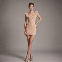 Robe Courte Sexy à Col Carré et Volants en Dentelle pour Femme, Sans Manches, Dos Nu, Coupe Ajustée, Élégante, pour Soirées et Cérémonies