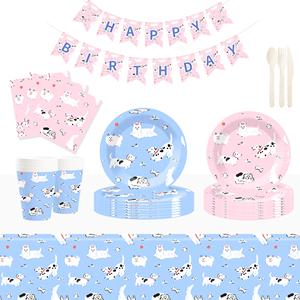 DAMAI Animal Themed Pink and Blue Party Tableware Set Disposable <b>Paper</b> Plates Cups Napkins for Birthday Event Tableware Set - Product Image 1