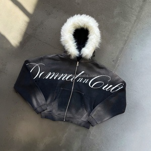 Sweat-shirts personnalisés de haute qualité en coton épais, style streetwear, avec fermeture éclair, effet fourrure synthétique, design délavé au soleil, double couche, par des créateurs. - Product Image 1