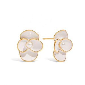 Pendientes de Perlas con Forma de Gota de Aceite y Flores de Acero Inoxidable de Lujo de Alta Gama Estilo Europeo Americano, Joyería de Moda para Aniversario - Product Image 2