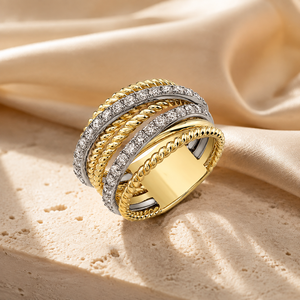 Anello a due toni con più fasce per donna, gioiello da dito a strati alla moda - Product Image 6