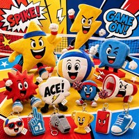 Ensemble de peluches de volley-ball de designer, style pop de bande dessinée, avec éléments sportifs de dessin animé, peluche douce avec porte-clés, pour cadeau et présentation pour les fans de sport