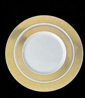 Assiettes jetables élégantes en PS doré à motif quadrillé pour réceptions de mariage, fêtes d'anniversaire, ouvertures scolaires et célébrations