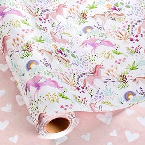 Papel de regalo con diseño de unicornio de dibujos animados coloridos, papel de regalo con forma de corazón rosa, papel de regalo para niños, baby shower - Product Image 1