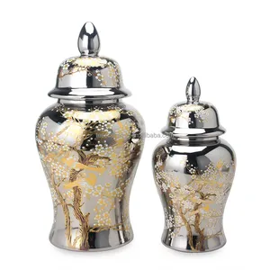 J191S High quality ceramic gold flower vase silver ginger jar luxury table decorations for home