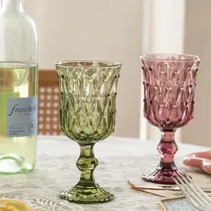 2024 Hot Sale Fashion Diamond Cut Vintage Dark Turquoise Goblet Gorgeous Multi-Colored Wine Cup Glasses Wedding For Cocktails