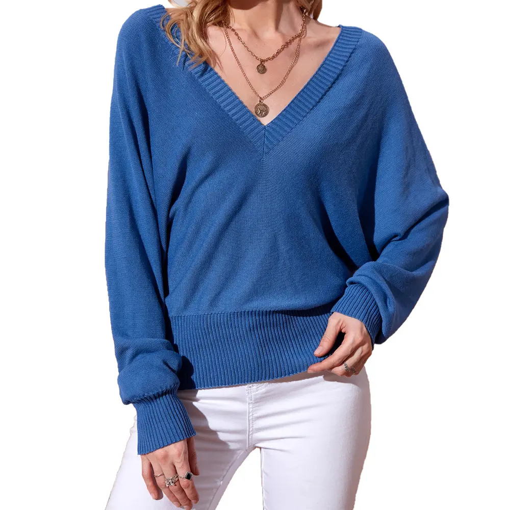 Wholesale 2022 Women's flared sleeve v-neck solid color long knitted blue bottoming shirt sweater women