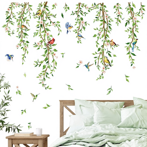 Autocollants <span class=keywords><strong>muraux</strong></span> suspendus <span class=keywords><strong>Decalmile</strong></span> en forme de vigne verte avec des plantes, des feuilles, des oiseaux et un motif de fille tatouée pour la décoration de la chambre à coucher et du fond de télévision - Product Image 1