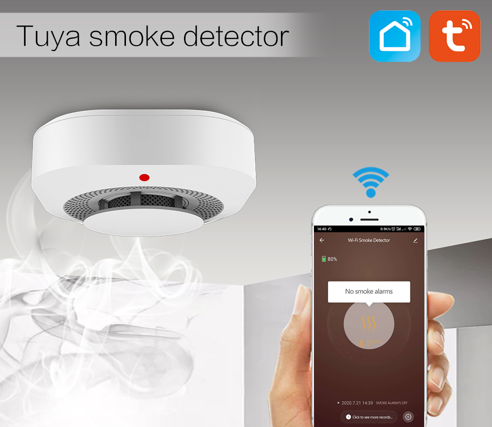 WiFi smart smoke fire detection sensor security alarm system Tuya APP remote control wireless fire alarm sensor
