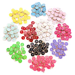 11 couleurs, 15x13mm, A-Z/ensemble, émail Double face, alphabet, breloque en alliage rond KC or lettres pendentif en métal, bricolage fabrication de bijoux W85