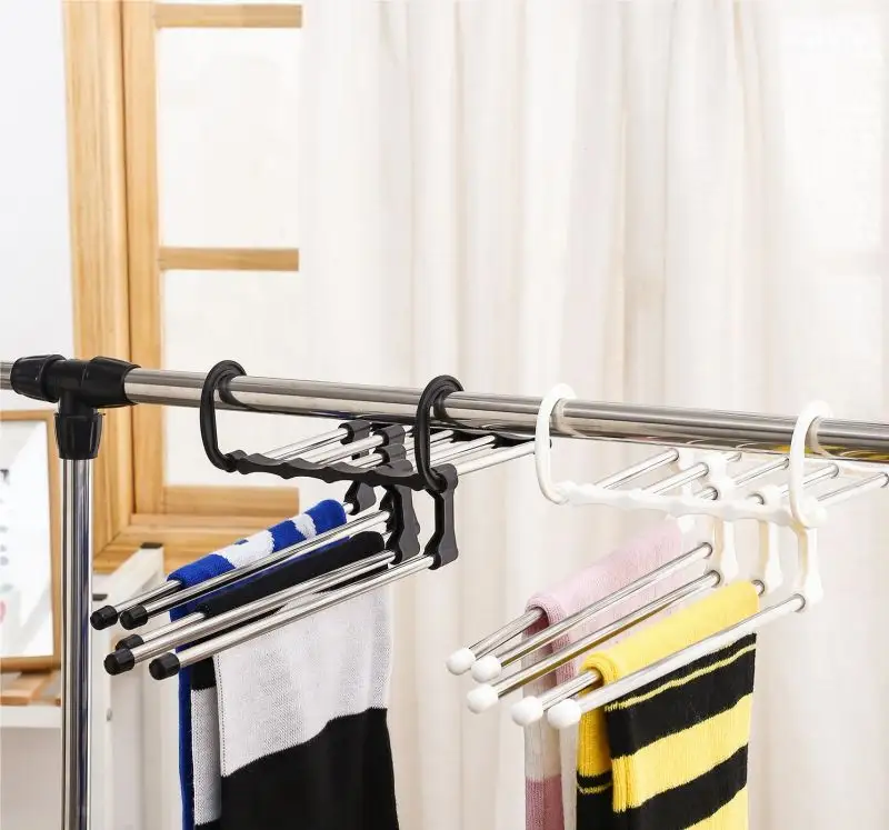 Foldable Stainless Steel 5 In 1 Pant Rack Shelves Clothes Pants hanger of metal Hanger Multi-functional Magic Pants Hangers