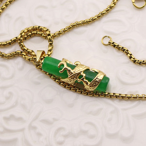 HY0010 pendentif rectangulaire en jade vert <span class=keywords><strong>Dragon</strong></span> Phoenix chinois, collier en acier inoxydable, collier pendentif bicolore or argent - Product Image 3