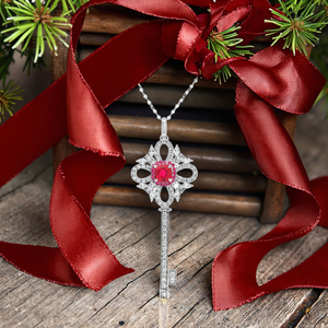 S925 plata delicada cultivada rubí Bling Iced Out Vintage boda mujer llave colgante collar con circón blanco - Product Image 1