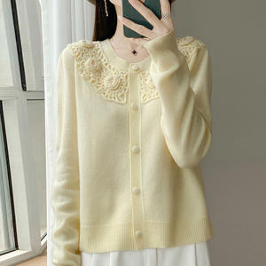 Cárdigan de lana de un solo pecho con cuello redondo de ganchillo de lana mercerizada 100% para <span class=keywords><strong>mujer</strong></span> - Product Image 3