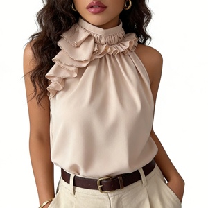 Women's Ruffled Halter Neck Satin Blouse - Sleeveless High Neck <b>Top</b> With Asymmetrical Ruffle Trim Shirt Fashion - Product Image 1