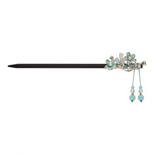 Épingle à cheveux vintage en bois pour femme, style chinois, fleur enroulée, pince à cheveux élégante classique avec pompon, imitation ébène, 16 cm - Product Image 6