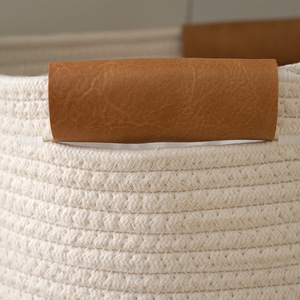 Panier de rangement en corde de coton tressée, panier à linge rond de 34x37cm avec poignée en cuir, organisateur de vêtements - Product Image 1