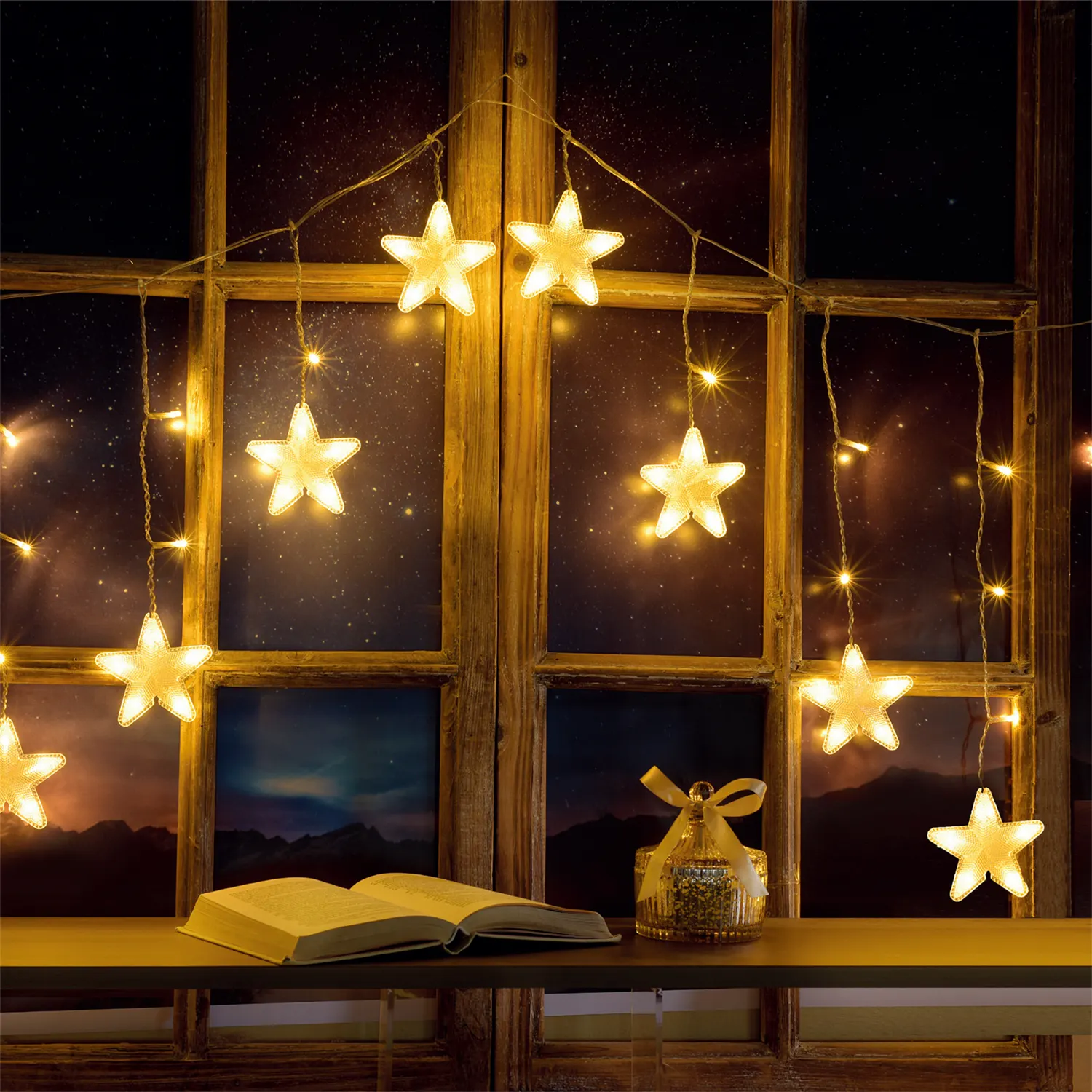 LED Curtain Light Window Decoration With Hanging Stars Indoor And Outdoor Decoration