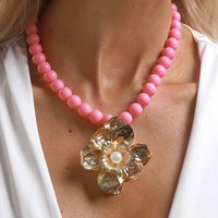 Collier pendentif fleur perlée colorée pour femme, plaqué or, zircon, bijoux fantaisie, vente en gros