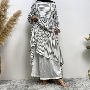 6400 #   Robe décontractée élégante pour femme avec col rond, poignets élastiques, empiècements plissés et rayures, fermeture éclair au dos - Product Image 5