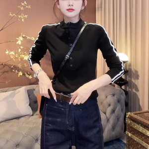 Women's Stand-Up Collar Long Sleeve Knit <b>Top</b> Red And Black Polyester Soft Slim Fit Autumn Winter Inner <b>Layer</b> Wear - Product Image 2