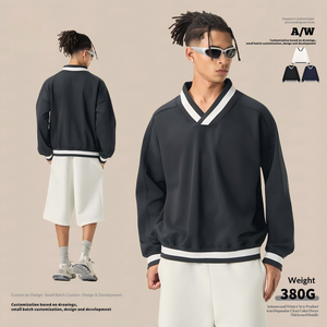 Pull ample à col en V pour homme, style British Academy, 380G, pur coton, automne, design contrasté, style Old Money - Product Image 1