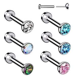 Titanium draadloze push-pin zirkoon bezel set labret oorringen met platte achterkant 16G hypoallergeen - Product Image 2