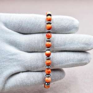 Handmade Sterling Silver Pearls & Orange Spiny Oyster Turquoise Stretch <b>Bracelet</b> Stylish Jewelry <b>Men</b> Women Unisex - Product Image 2