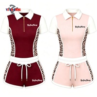 Set Dua Potong Motif Cheetah, Kaos Polo Kerah Setengah Resleting dan Celana Pendek Warna Blok, Tracksuit Y2K 2 Potong, Pakaian Klub untuk Wanita
