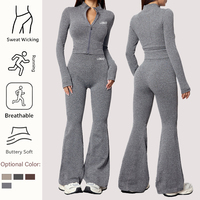 Ensembles de yoga automne-hiver 2 pièces respirants à séchage rapide en polyester/nylon, haut à manches longues et pantalon long évasé, tenue de sport rehausse-fesses