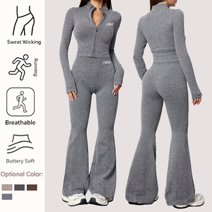 Ensembles de yoga automne-hiver 2 pièces respirants à séchage rapide en polyester/nylon, haut à manches longues et pantalon long évasé, tenue de sport rehausse-fesses - Product Image 1