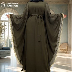 6529# Fashion Muslim <b>Islamic</b> Abaya Big Batwing Gold Lace Sleeves Middle With Lining Breathable Chiffon Ramadan EID Dress - Product Image 1