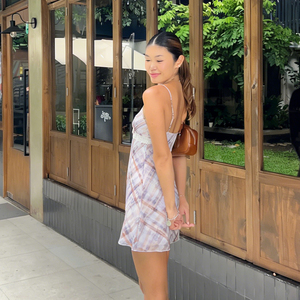 2026 Summer Natural Sweet Plaid <b>Mini</b> Dress V Neck a Line Mesh off Shoulder Contrast Casual Digital <b>Printing</b> Breathable - Product Image 6