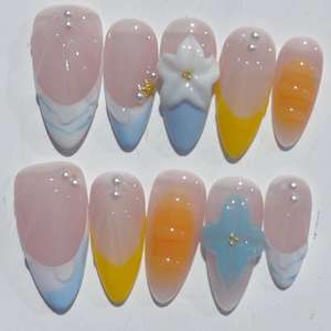 Nouvelles Idées de Produits : Faux <span class=keywords><strong>Ongles</strong></span> à Presser en Acrylique 3D Fleur, Forme Amande Moyenne, Rose Kawaii, 10 Pièces, Faits Main, Manucure Longue Amande - Product Image 2