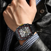 Montre automatique à volant d'inertie pour homme en fibre de carbone OEM HANBORO, boîtier carré, mécanique, multifonctionnelle, bracelet en silicone