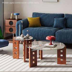 Mesa de centro de cristal Bauhaus de 50 cm de diámetro con base de madera maciza, muebles modernos para sala de estar - Product Image 4