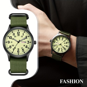 Montre de sport pour homme avec mouvement à quartz analogique, boîtier rond, bracelet en nylon vert, marquages 24 heures - Product Image 5
